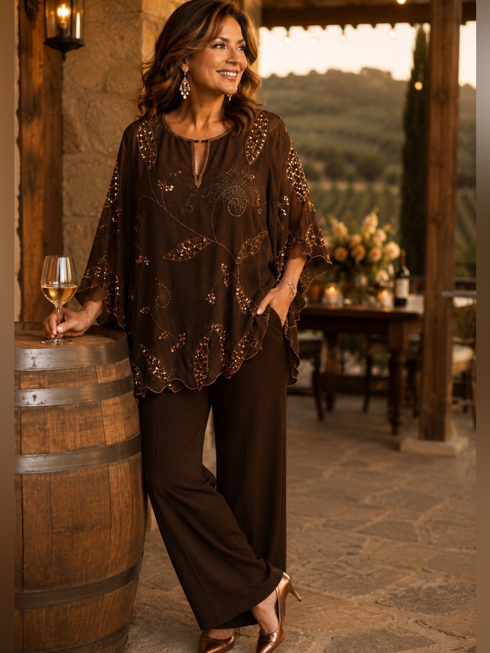 Vintage Original Anthony Bronze Beaded Chiffon Tunic Blouse L Wedding Guest Top